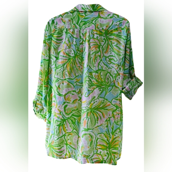 Lily Pulitzer Captiva Tunic Green and Pink Elephant Ears Button Down Sz Small - Picture 2 of 5